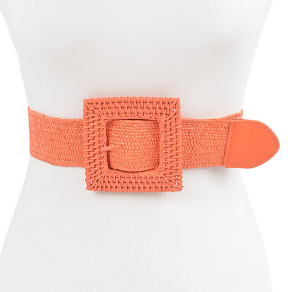 BNWT Brand New Raffia Square Buckle Faux Straw Elastic Fashion Belt - ORANGE